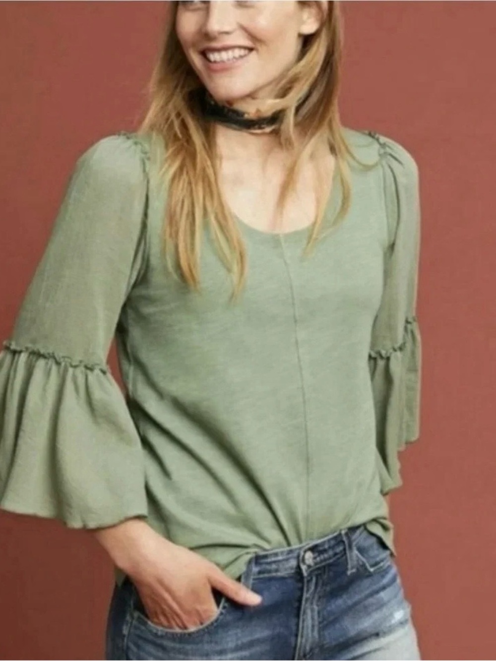 Anthropologie Bordeaux Foster Ruffle Bell Sleeve Top Green